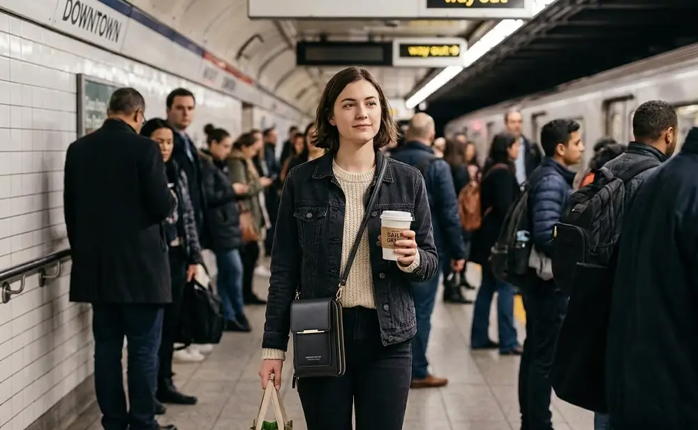 Mujer en el metro con su bolsa cruzada antirrobo para celular